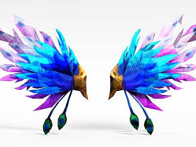 Tech Exhibition Hall Featuring Symmetric Colorful Wing Shaped Installation With Vibrant Hues And Golden Tips 3d model