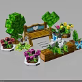 Pixel Style Natural Scene With Green Heart Trees Colorful Flowers Wooden Path And Flower Pots
