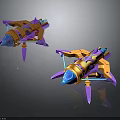 Futuristic Cosmic Spaceship Model With Purple Gold Blue Accents And Detailed Aerodynamic Design
