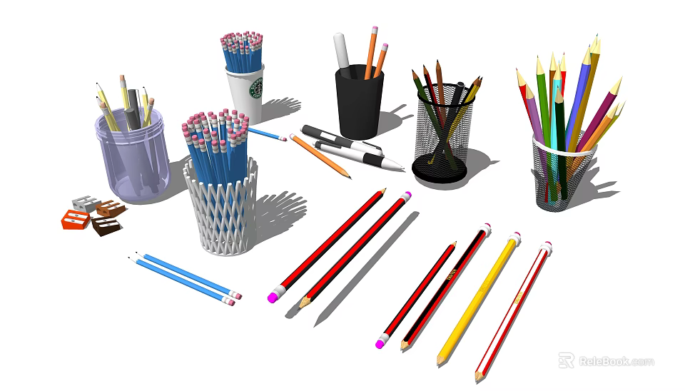 Assorted Colored Pencils and Ballpoint Pens in Different Holders Scattered on Surface 3d model 