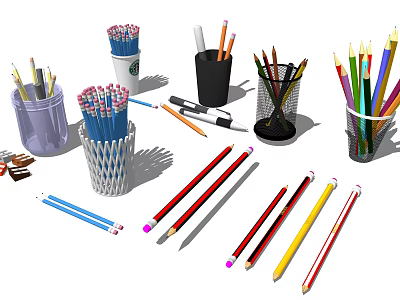Assorted Colored Pencils and Ballpoint Pens in Different Holders Scattered on Surface 3d model
