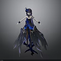 Anime Female Character In Blue Black Outfit With Purple Hair And Feathered Wings