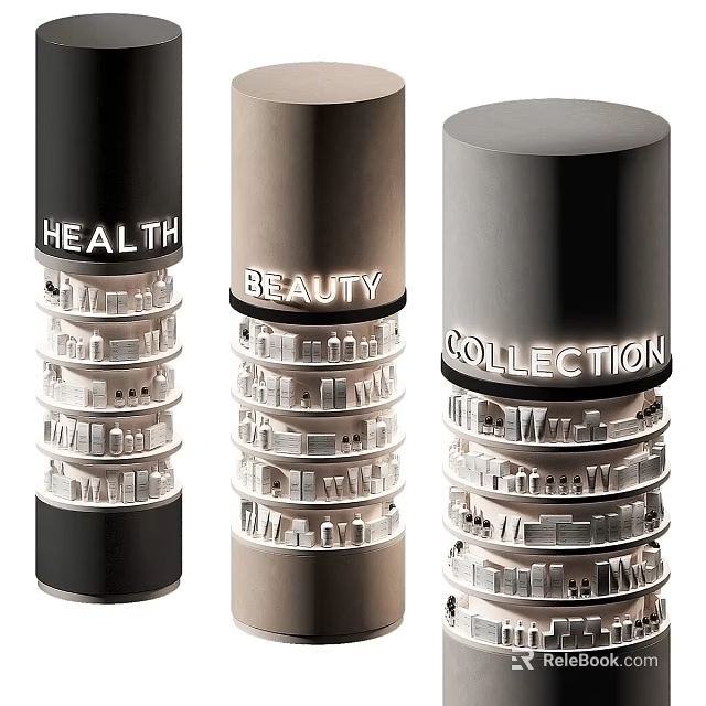 Cylindrical Rotating Multi Layered Display Shelves For Health Beauty Collection Retail Showcase 3d model 