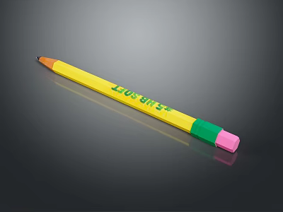 Yellow Pencil With Green BIC Logo And Pink Eraser For Daily Writing 3d model