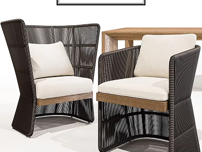 Modern Table and Chair Set with Wicker Frame Armchairs White Cushions and Wooden Accents 3d model