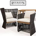 Modern Table and Chair Set with Wicker Frame Armchairs White Cushions and Wooden Accents