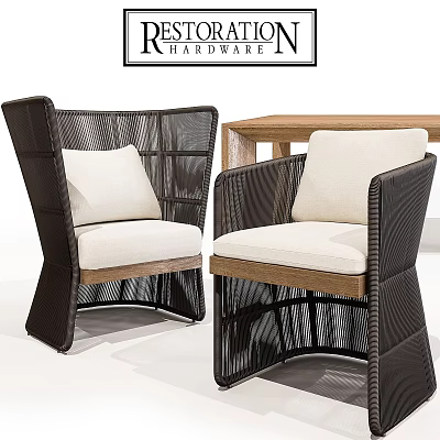 Modern Table and Chair Set with Wicker Frame Armchairs White Cushions and Wooden Accents 3d model