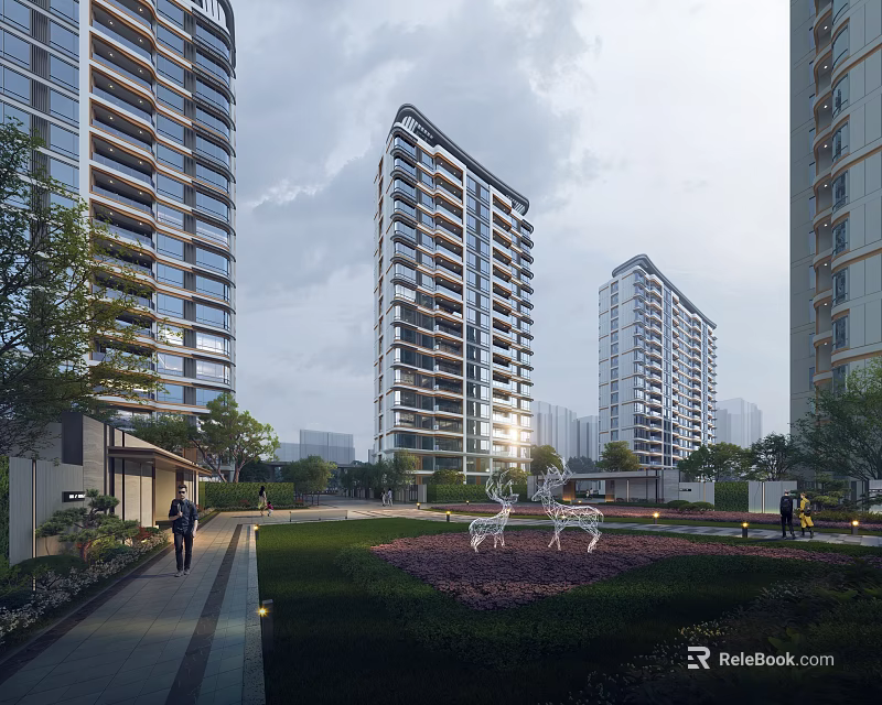 Modern High Rise Residential Buildings Exterior With Green Garden And Deer Sculptures 3d model 