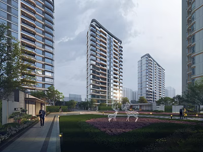 Modern High Rise Residential Buildings Exterior With Green Garden And Deer Sculptures 3d model