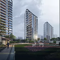 Modern High Rise Residential Buildings Exterior With Green Garden And Deer Sculptures