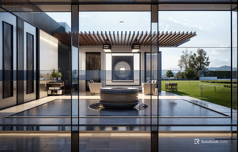 Modern Garden Landscape With Courtyard Wooden Roof Circular Feature Glass Doors Lawn And Mountain View 3d model 