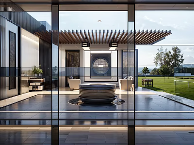 Modern Garden Landscape With Courtyard Wooden Roof Circular Feature Glass Doors Lawn And Mountain View 3d model