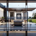 Modern Garden Landscape With Courtyard Wooden Roof Circular Feature Glass Doors Lawn And Mountain View