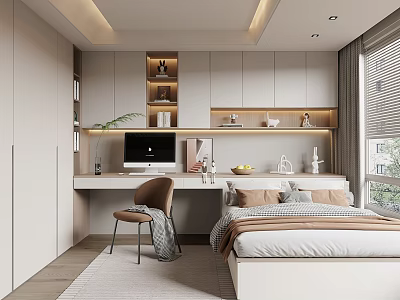 Tatami Bedroom Interior With Tatami Bed Desk Chair Bookshelf Storage Cabinet And Window 3d model