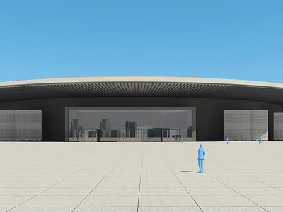 Modern Curved Building Featuring Large Glass Curtain Wall Open Plaza With People Blue Sky 3d model