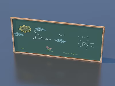 Wooden Framed Blackboard With Hand Drawn Sun Clouds Geometric Shapes Math Equation And Small Plant 3d model