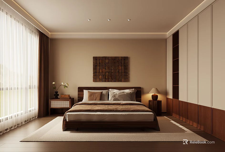 Modern Bedroom Interior Design With Wooden Bed Decorative Painting Nightstand And Curtains 3d model 