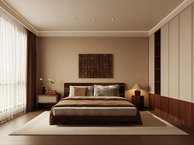 Modern Bedroom Interior Design With Wooden Bed Decorative Painting Nightstand And Curtains 3d model