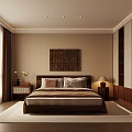 Modern Bedroom Interior Design With Wooden Bed Decorative Painting Nightstand And Curtains
