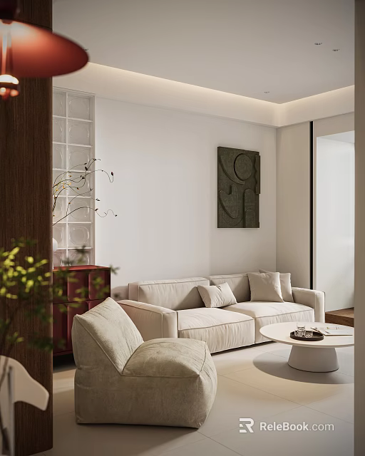 Modern Living and Dining Room Interior With Beige Sofa Coffee Table Artwork and Plants 3d model 