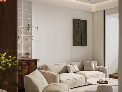 Modern Living and Dining Room Interior With Beige Sofa Coffee Table Artwork and Plants 3d model