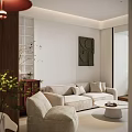 Modern Living and Dining Room Interior With Beige Sofa Coffee Table Artwork and Plants