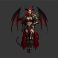 Fantasy Demoness Character With Red Horns Red Wings Armor And Red Hair