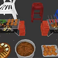 Assorted Grilled Skewers With Barbecue Grill Fresh Vegetables And Fried Snacks On Red Table