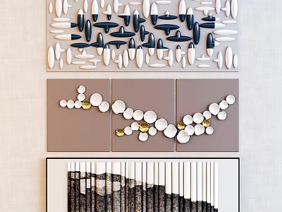 Three Panel Modern Abstract Wall Art With Geometric Shapes And Circular Patterns 3d model