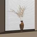 Decorative Vase With Dried Plants On Window Sill Against Blinds Background Design