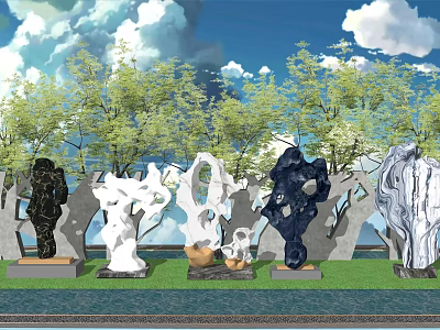 Artistic Stone and Wood Sculptures in Outdoor Landscape with Green Grass Trees and Blue Sky 3d model