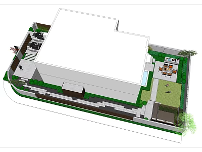 Courtyard Garden Design With Building Lawn Pathway And Greenery Elements 3d model