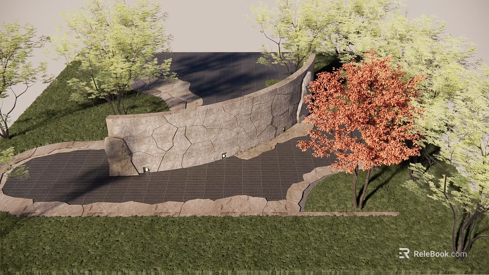 Natural Stone Garden Wall With Cracked Texture Green Trees Red Leaf Tree And Paved Ground 3d model 