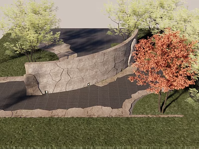 Natural Stone Garden Wall With Cracked Texture Green Trees Red Leaf Tree And Paved Ground 3d model