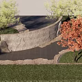 Natural Stone Garden Wall With Cracked Texture Green Trees Red Leaf Tree And Paved Ground