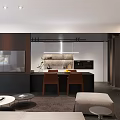 Modern Living and Dining Room Interior With Black Table Orange Chairs And Pendant Light