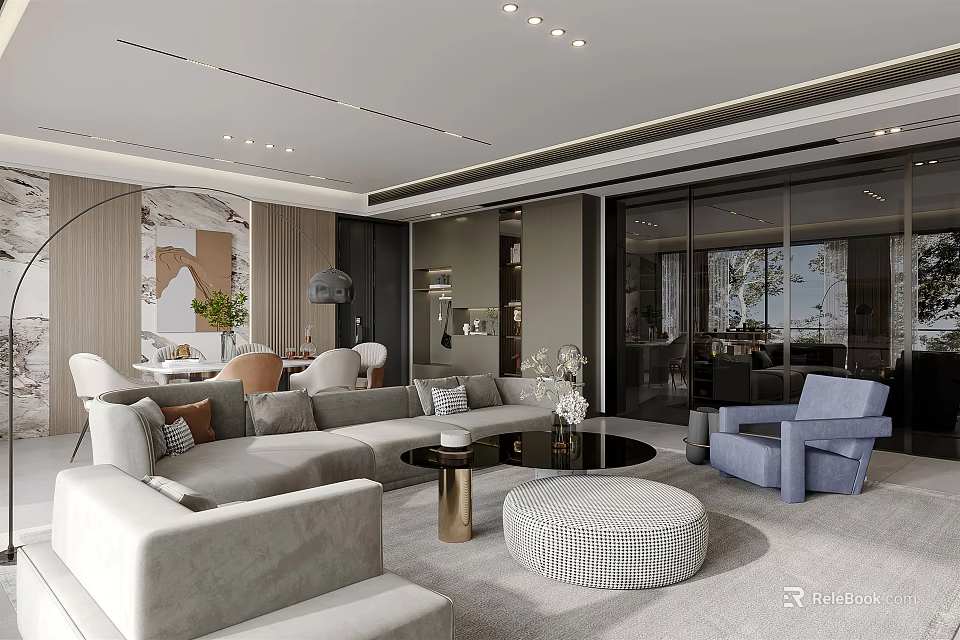 Modern Living Dining Room Interior With Sofa Dining Table Artwork And Floor to Ceiling Windows 3d model