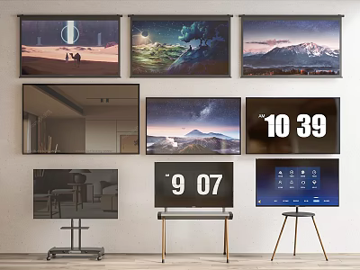 Multiple Televisions On Stands With Various Displays Including Scenic Views Time And Interface 3d model