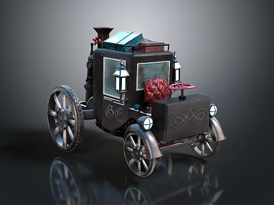 Vintage Style Carriage With Black Body Wheels Lanterns And Red Top Decoration 3d model