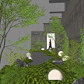 Modern Courtyard Garden Design With Lush Greenery Trees Stone Pathway And Round Lights