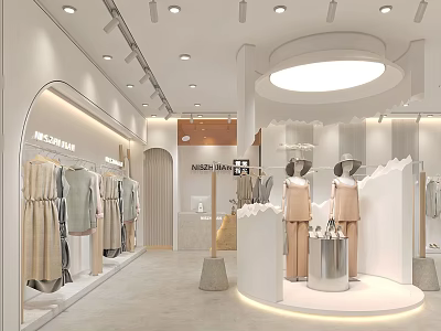 Bright Modern Clothing Store Interior Design With Display Racks And Mannequins Showing Outfits 3d model