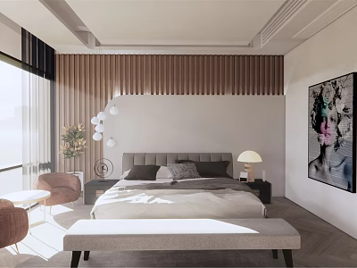 Modern Bedroom Interior With Wooden Slat Wall Bed Bench Table Lamp And Abstract Painting 3d model