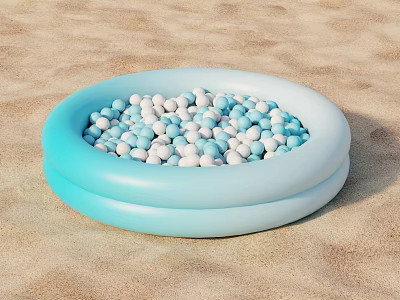 Light Blue Inflatable Pool Filled With Blue And White Balls On Sandy Beach Surface 3d model