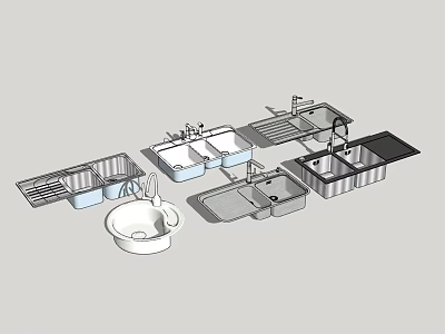 Various Kitchen Sinks With Single Double Bowl Drainboard And Stainless Steel Design 3d model