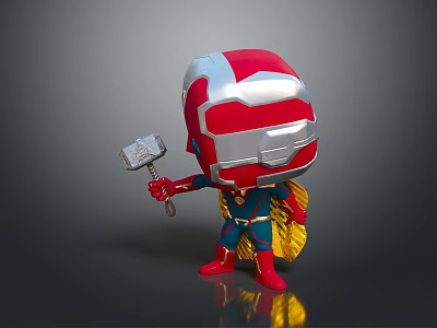 Cartoon Superhero Figure With Red And Silver Helmet Yellow Blue Cape Red Boots Holding Hammer 3d model