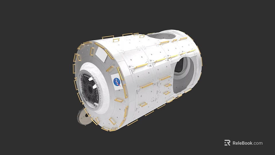 White Cylindrical Spacecraft Module With Golden Lines And Blue Logo 3d model 