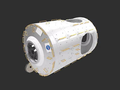White Cylindrical Spacecraft Module With Golden Lines And Blue Logo 3d model