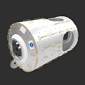 White Cylindrical Spacecraft Module With Golden Lines And Blue Logo
