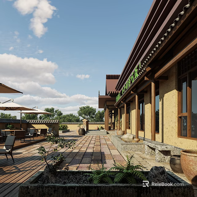 Traditional Modern Building Outdoor Courtyard With Stone Pavement Plants And Seating 3d model 
