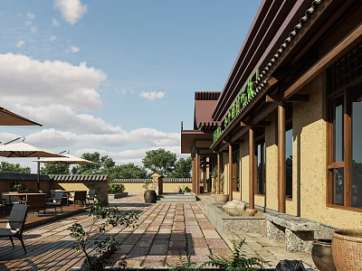 Traditional Modern Building Outdoor Courtyard With Stone Pavement Plants And Seating 3d model